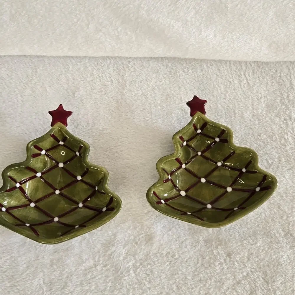 Pottery Barn Seasons Greetings Christmas Tree Shaped Candy Dishes. Set of 2